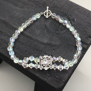 Vintage artisan AB crystals anklet bracelet or large wrist costume jewelry.